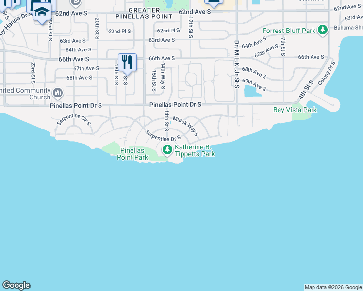 map of restaurants, bars, coffee shops, grocery stores, and more near 1320 Serpentine Drive South in St. Petersburg