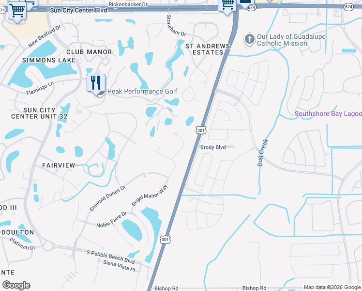 map of restaurants, bars, coffee shops, grocery stores, and more near 825 King Leon Way in Sun City Center