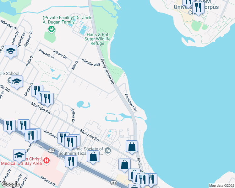 map of restaurants, bars, coffee shops, grocery stores, and more near 7202 Sandpiper Circle in Corpus Christi