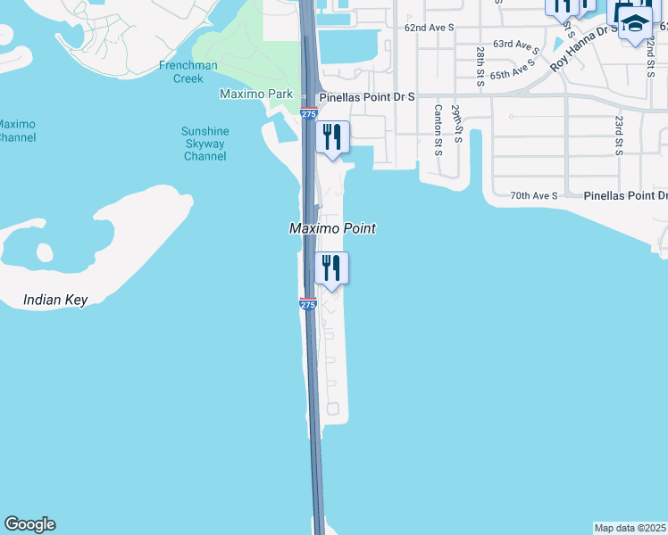 map of restaurants, bars, coffee shops, grocery stores, and more near 7300 Sunshine Skyway Lane South in St. Petersburg