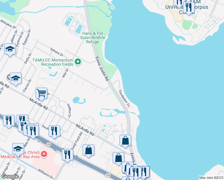 map of restaurants, bars, coffee shops, grocery stores, and more near 7202 Sandpiper Circle in Corpus Christi