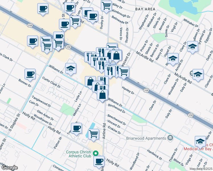map of restaurants, bars, coffee shops, grocery stores, and more near 1641 Airline Road in Corpus Christi