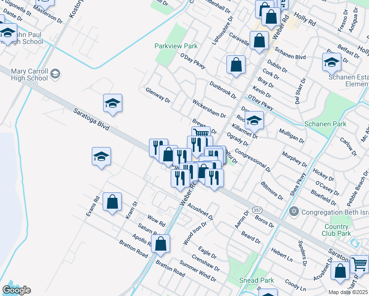 map of restaurants, bars, coffee shops, grocery stores, and more near 3802 Saratoga Boulevard in Corpus Christi