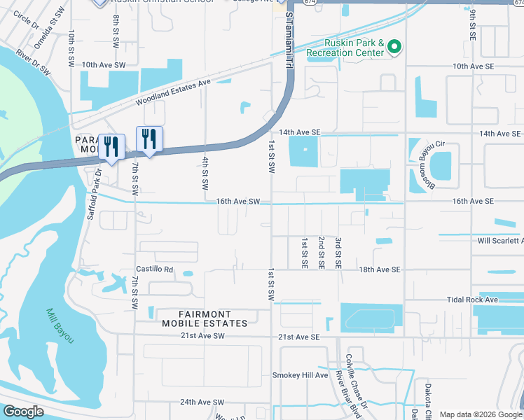 map of restaurants, bars, coffee shops, grocery stores, and more near 1601 1st Street Southwest in Ruskin