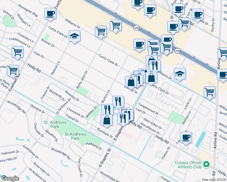 map of restaurants, bars, coffee shops, grocery stores, and more near 5414 Cain Drive in Corpus Christi