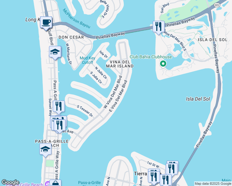 map of restaurants, bars, coffee shops, grocery stores, and more near 2763 West Vina Del Mar Boulevard in Saint Pete Beach