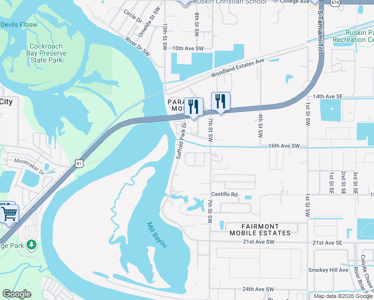 map of restaurants, bars, coffee shops, grocery stores, and more near 1611 Saffold Park Drive in Ruskin