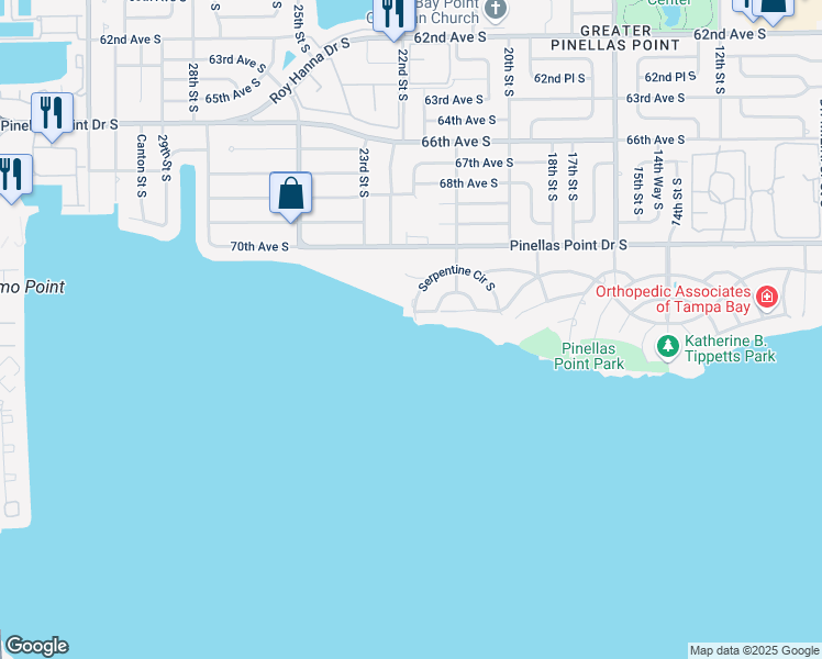 map of restaurants, bars, coffee shops, grocery stores, and more near 2158 Blossom Way South in St. Petersburg