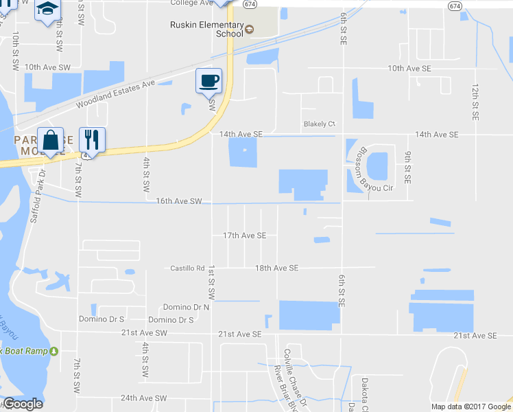 map of restaurants, bars, coffee shops, grocery stores, and more near 1601 2nd Street Southeast in Ruskin