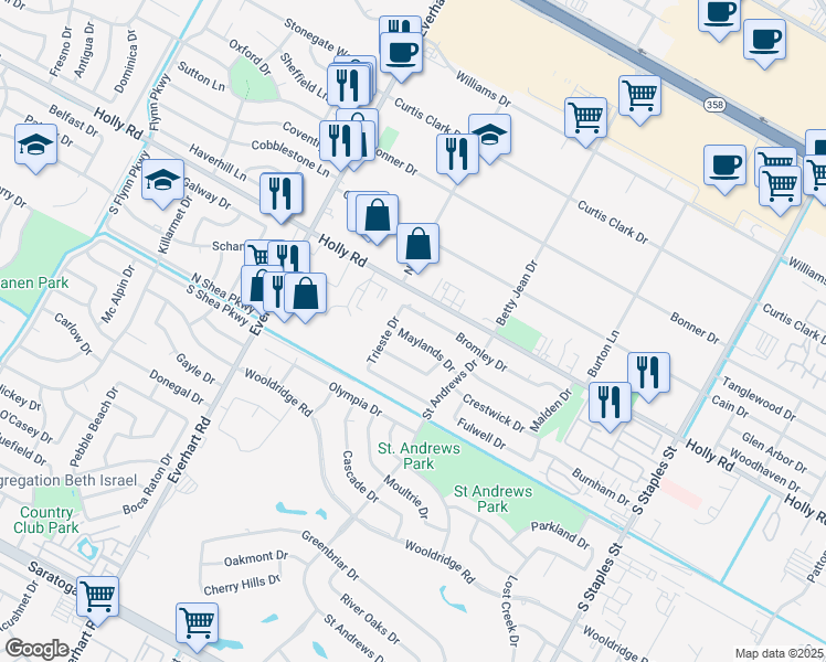 map of restaurants, bars, coffee shops, grocery stores, and more near 5014 Maylands Drive in Corpus Christi