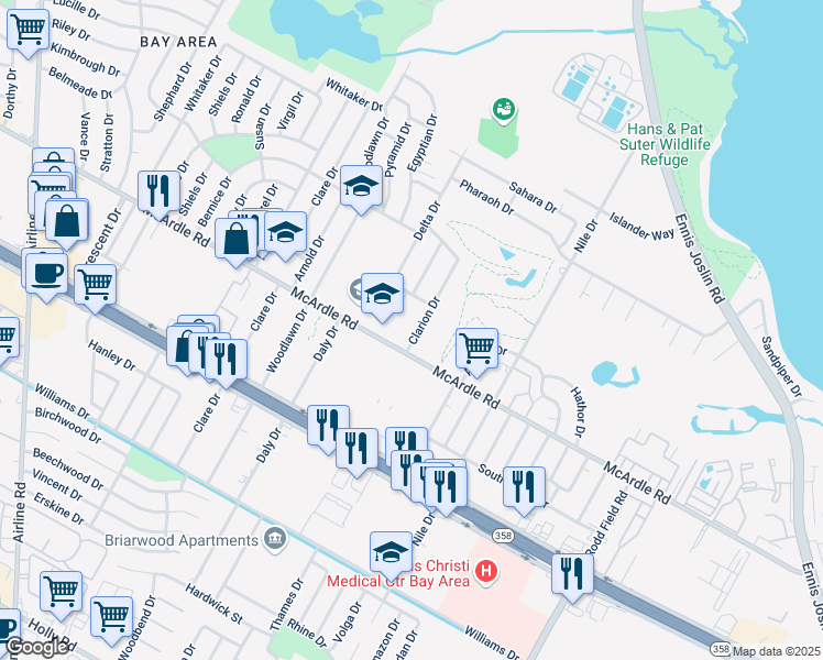 map of restaurants, bars, coffee shops, grocery stores, and more near 1218 Clarion Drive in Corpus Christi