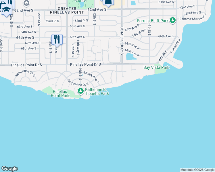 map of restaurants, bars, coffee shops, grocery stores, and more near 1060 Friendly Way South in St. Petersburg