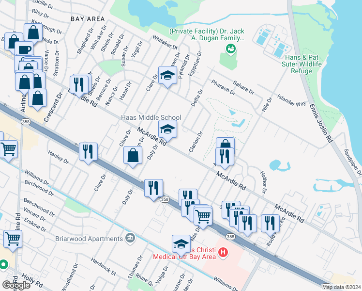 map of restaurants, bars, coffee shops, grocery stores, and more near 6630 McArdle Road in Corpus Christi