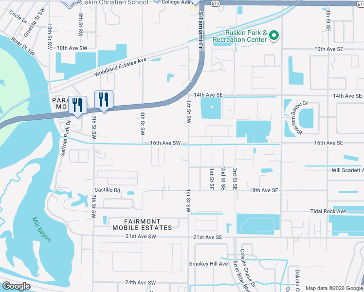 map of restaurants, bars, coffee shops, grocery stores, and more near 1601 1st Street Southwest in Ruskin