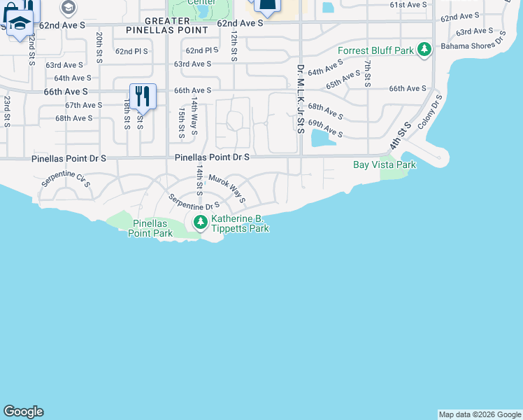 map of restaurants, bars, coffee shops, grocery stores, and more near 1100 Friendly Way South in St. Petersburg