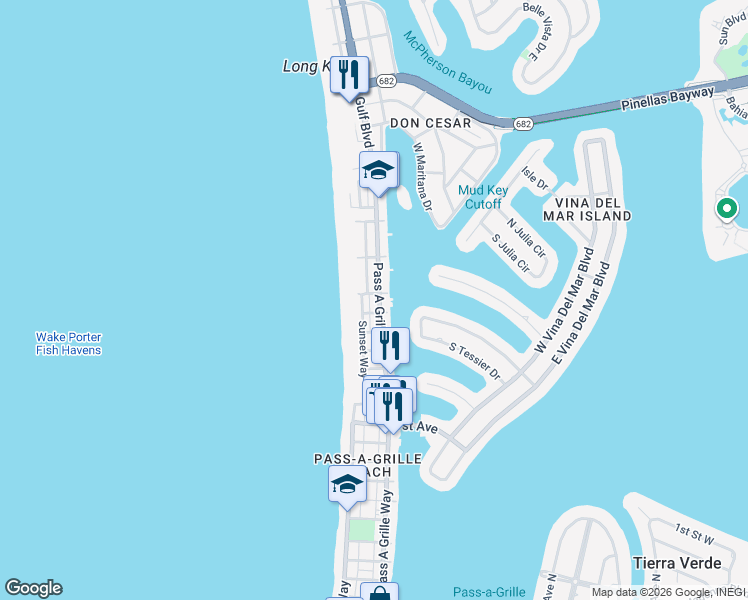 map of restaurants, bars, coffee shops, grocery stores, and more near 2709 Sunset Way in St. Pete Beach