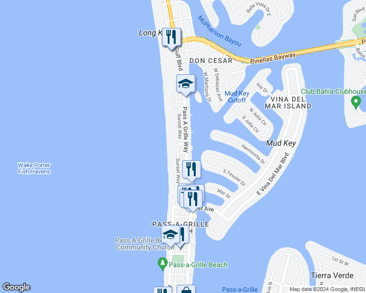 map of restaurants, bars, coffee shops, grocery stores, and more near 2709 Sunset Way in St. Pete Beach