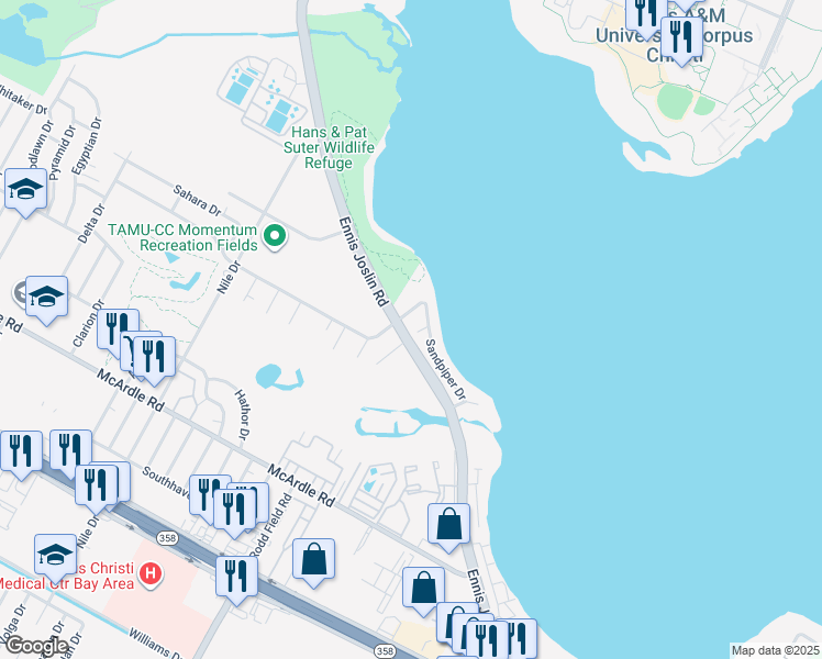 map of restaurants, bars, coffee shops, grocery stores, and more near 7202 Sandpiper Circle in Corpus Christi