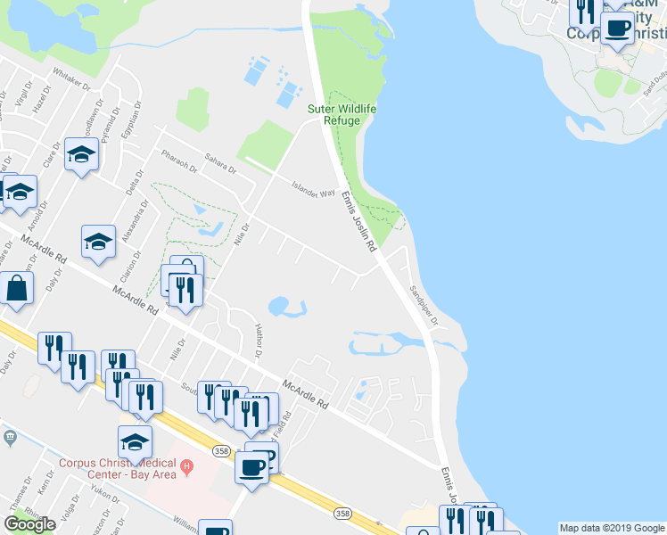 map of restaurants, bars, coffee shops, grocery stores, and more near 1001 Luxor Drive in Corpus Christi