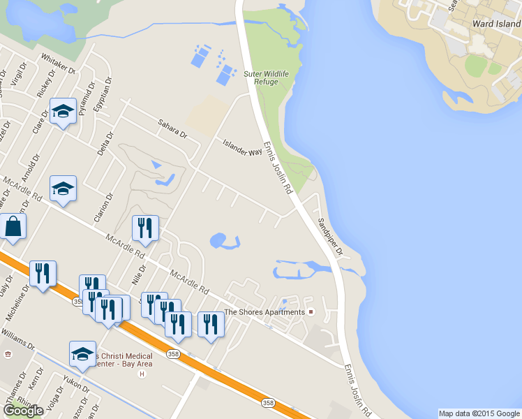 map of restaurants, bars, coffee shops, grocery stores, and more near 1005 Luxor Drive in Corpus Christi