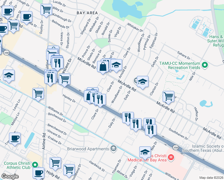 map of restaurants, bars, coffee shops, grocery stores, and more near 1333 Woodlawn Drive in Corpus Christi