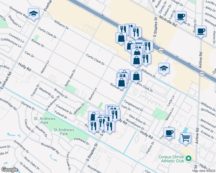 map of restaurants, bars, coffee shops, grocery stores, and more near 5414 Cain Drive in Corpus Christi