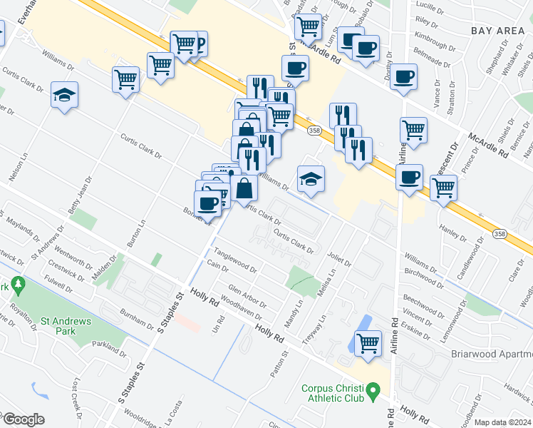 map of restaurants, bars, coffee shops, grocery stores, and more near 5741 Curtis Clark Drive in Corpus Christi