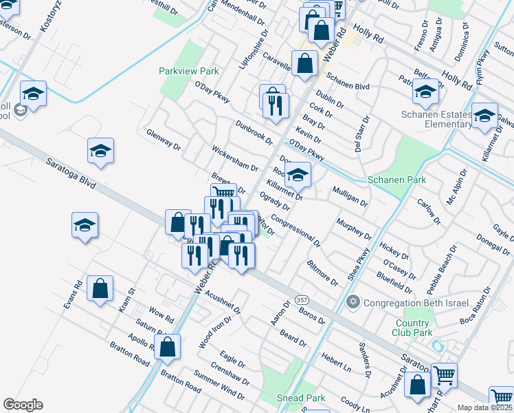 map of restaurants, bars, coffee shops, grocery stores, and more near 6262 Weber Road in Corpus Christi