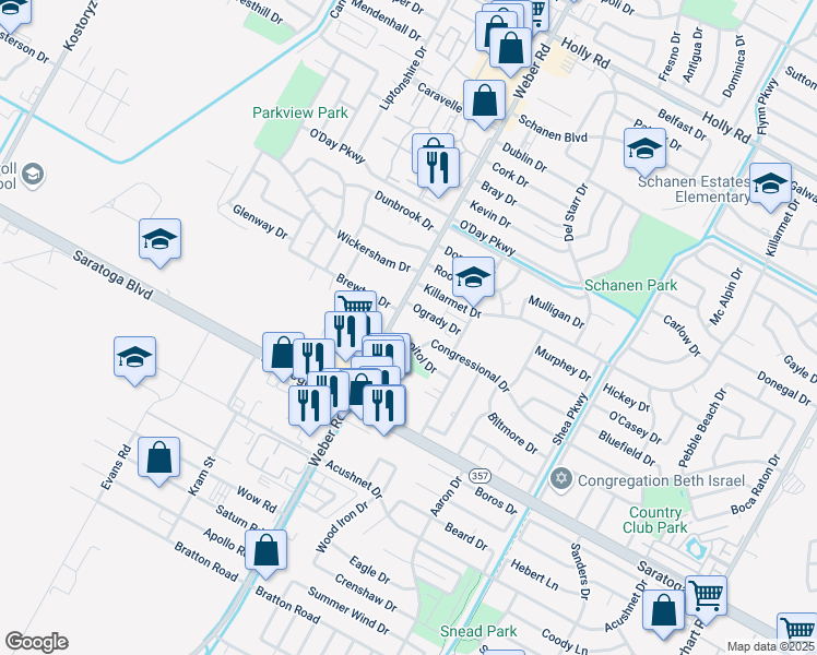 map of restaurants, bars, coffee shops, grocery stores, and more near 6262 Weber Road in Corpus Christi