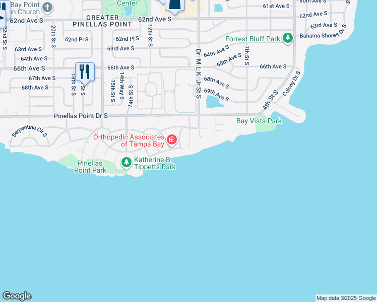 map of restaurants, bars, coffee shops, grocery stores, and more near 1000 Friendly Way South in St. Petersburg
