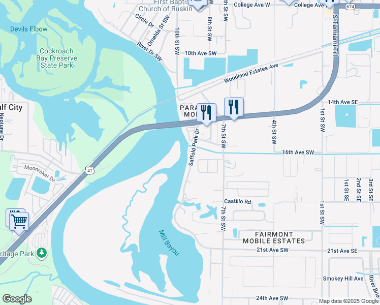 map of restaurants, bars, coffee shops, grocery stores, and more near 1611 Saffold Park Drive in Ruskin