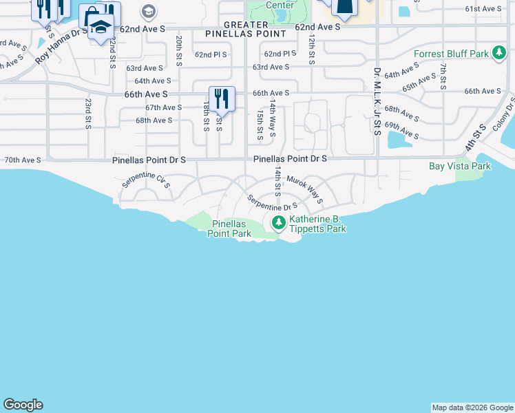 map of restaurants, bars, coffee shops, grocery stores, and more near 1470 Serpentine Drive South in St. Petersburg