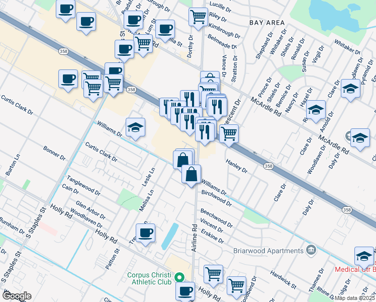 map of restaurants, bars, coffee shops, grocery stores, and more near 1641 Airline Road in Corpus Christi