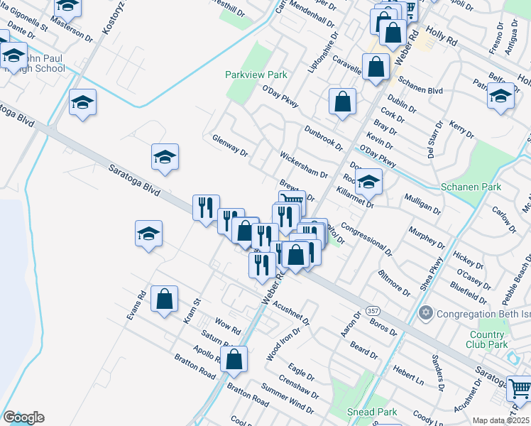map of restaurants, bars, coffee shops, grocery stores, and more near 3802 Saratoga Blvd in Corpus Christi