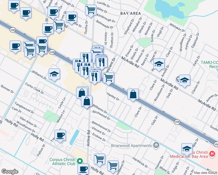 map of restaurants, bars, coffee shops, grocery stores, and more near 6201 South Padre Island Drive in Corpus Christi