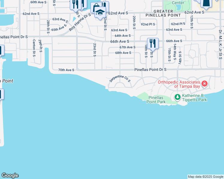 map of restaurants, bars, coffee shops, grocery stores, and more near 2158 Blossom Way South in St. Petersburg
