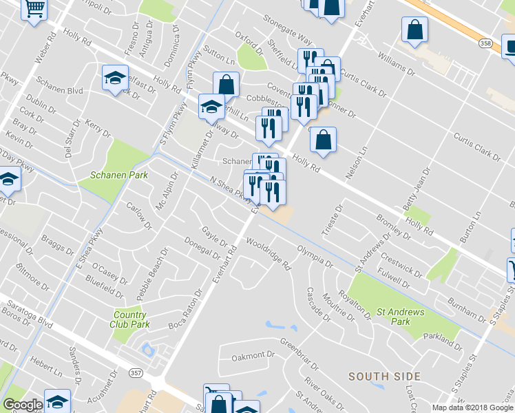 map of restaurants, bars, coffee shops, grocery stores, and more near 5880 Everhart Road in Corpus Christi