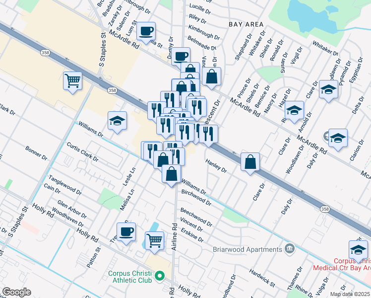 map of restaurants, bars, coffee shops, grocery stores, and more near 1502 Airline Road in Corpus Christi