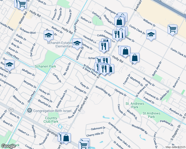 map of restaurants, bars, coffee shops, grocery stores, and more near 4713 South Shea Parkway in Corpus Christi
