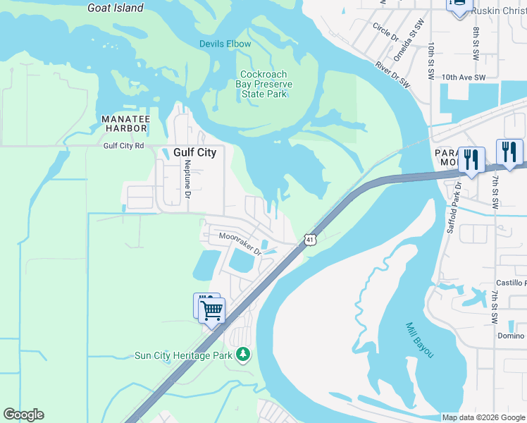 map of restaurants, bars, coffee shops, grocery stores, and more near Wheelhouse Circle in Ruskin