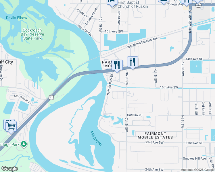 map of restaurants, bars, coffee shops, grocery stores, and more near 1609 Saffold Park Drive in Ruskin