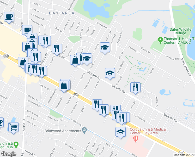 map of restaurants, bars, coffee shops, grocery stores, and more near 1301 Daly Drive in Corpus Christi