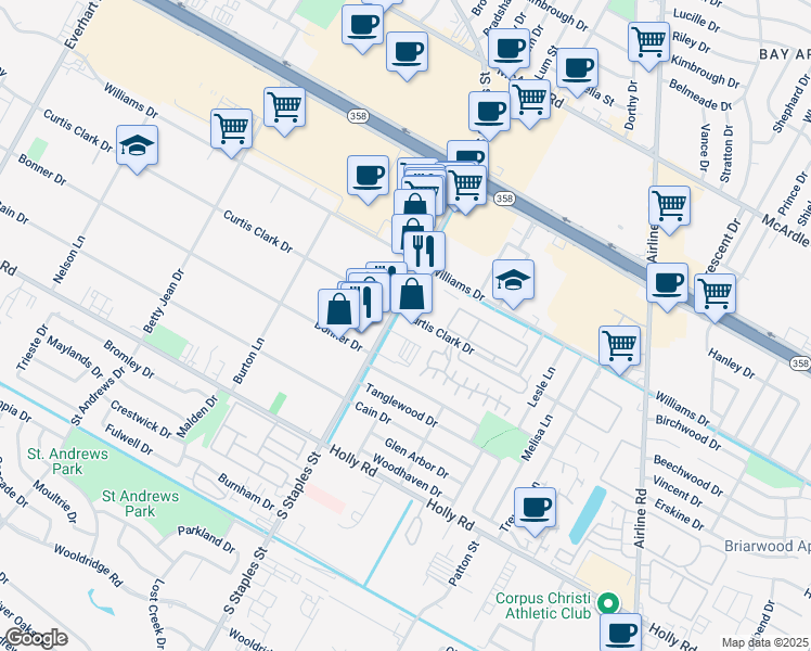 map of restaurants, bars, coffee shops, grocery stores, and more near 5402 South Staples Street in Corpus Christi
