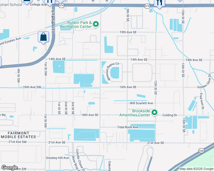 map of restaurants, bars, coffee shops, grocery stores, and more near 608 16th Avenue Southeast in Ruskin