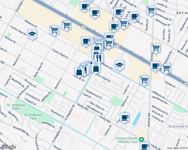 map of restaurants, bars, coffee shops, grocery stores, and more near 5402 South Staples Street in Corpus Christi