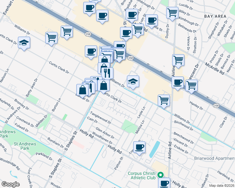map of restaurants, bars, coffee shops, grocery stores, and more near 5741 Curtis Clark Drive in Corpus Christi