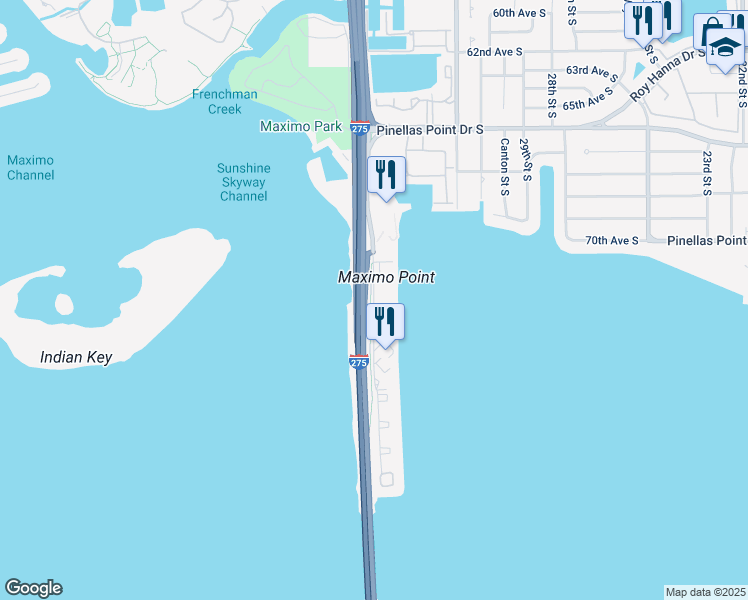 map of restaurants, bars, coffee shops, grocery stores, and more near Sunshine Skyway Lane South in St. Petersburg