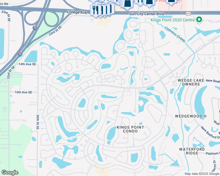 map of restaurants, bars, coffee shops, grocery stores, and more near 932 Kings Boulevard in Sun City Center