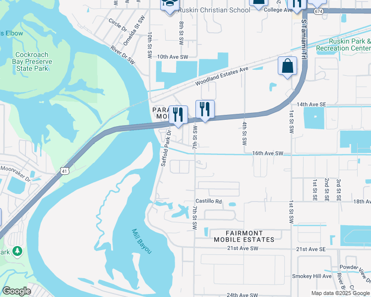 map of restaurants, bars, coffee shops, grocery stores, and more near 708 16th Avenue Southwest in Ruskin
