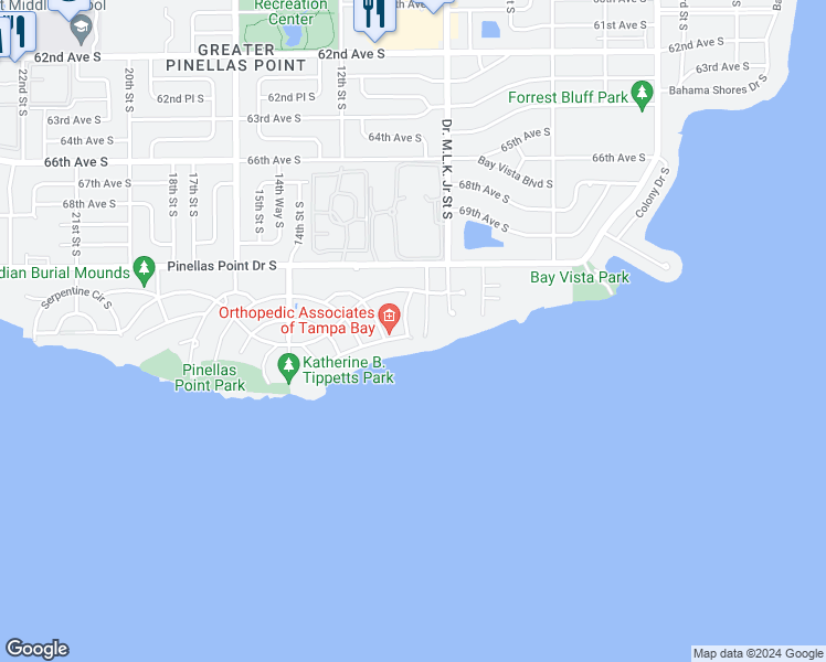 map of restaurants, bars, coffee shops, grocery stores, and more near 1000 Friendly Way South in St. Petersburg